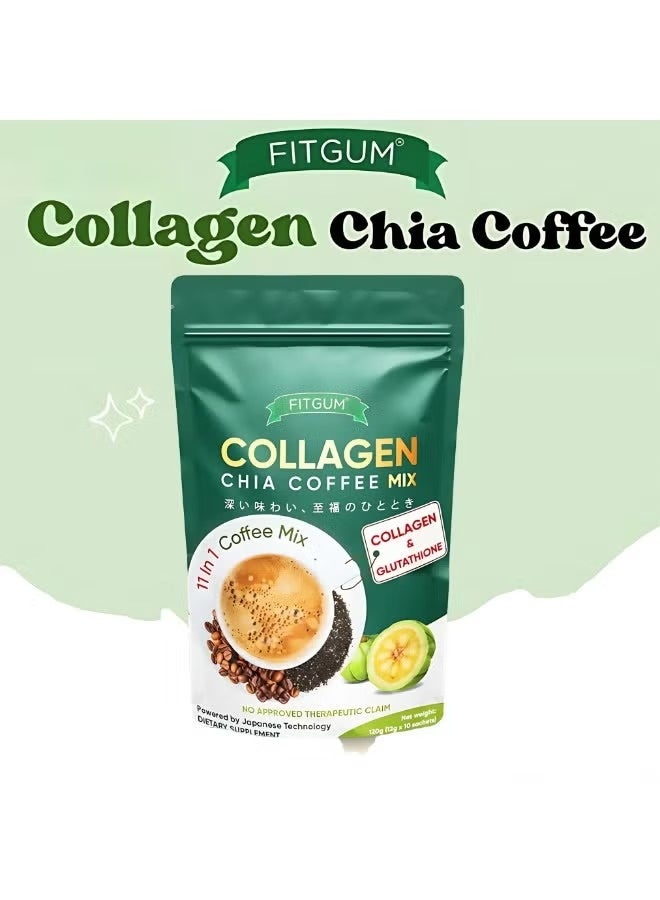 FITGUM Collagen Chia Coffee Mix 11-in-1 | Instant Coffee with Collagen, Chia Seeds & Garcinia | Low Sugar Coffee Drink | 10 Sachets - Image 1